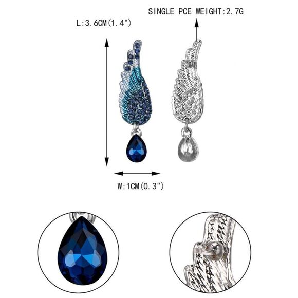 Silver with Sapphire Blue Crystal Angel Wing Enamel Dangling Post Back Earrings - Picture 5 of 5